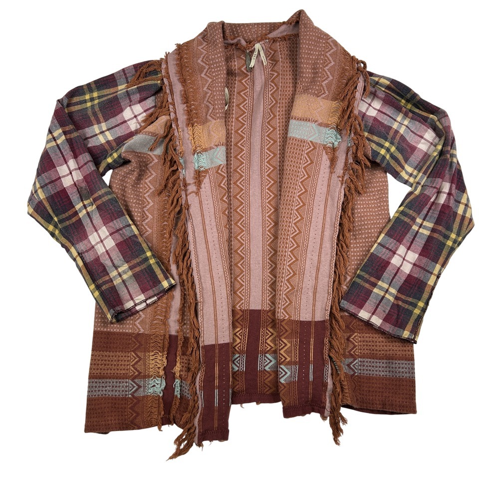 BKE Gimmicks Cardigan‎ Womens Large Boho Fringe Knit Plaid Sleeve Open Front